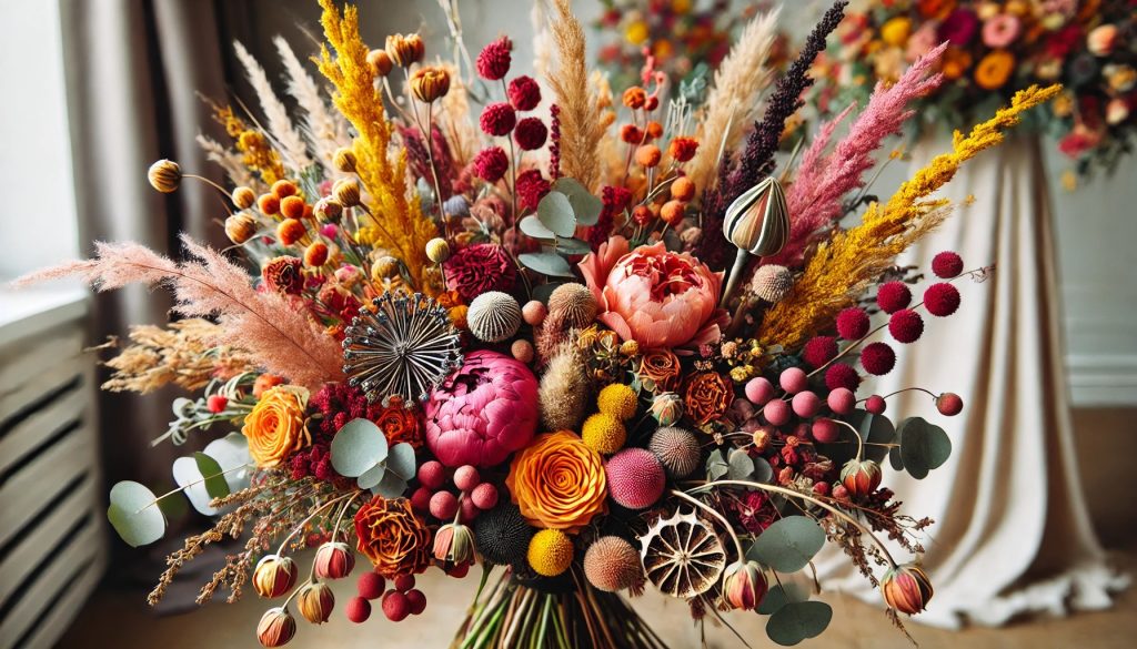 Colorful dried florals bridal bouquet from Sweet Pea's and Teas Floral Company