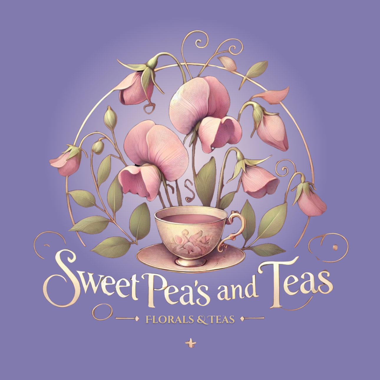 The Sweet Pea’s and Teas logo featuring elegant typography with a floral-inspired design, symbolizing the brand's focus on flowers, tea, and timeless charm.