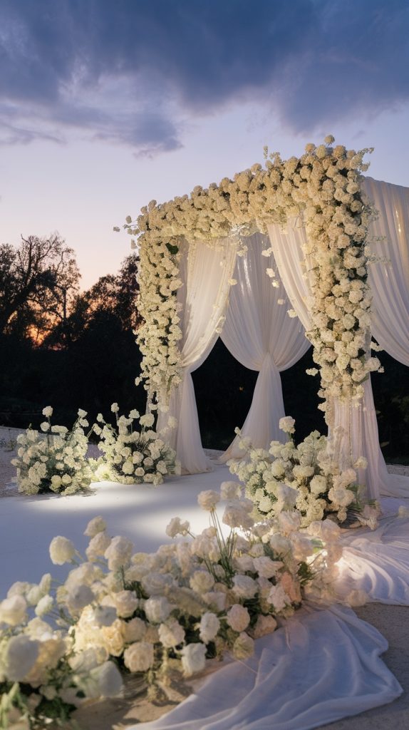 A breathtaking wedding arch adorned with cascading white flowers and sheer drapery, illuminated under a twilight sky, creating a celestial and romantic atmosphere.