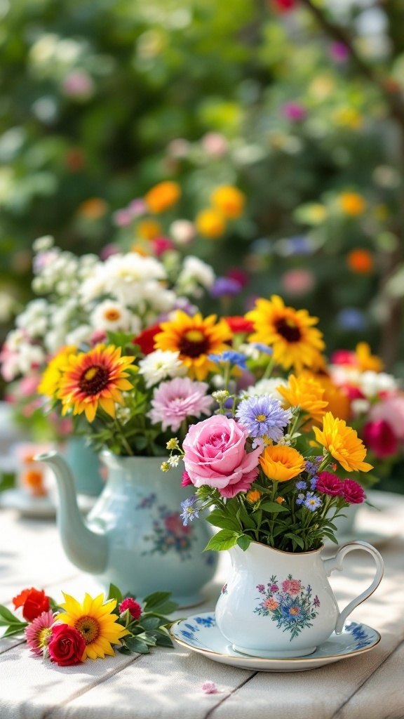 A charming cottagecore wedding table setting featuring vibrant floral arrangements in vintage teapots and cups. The display includes sunflowers, roses, daisies, and wildflowers in soft pastels and warm hues, set against a blurred garden backdrop.