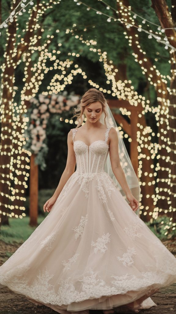 A bride in a corset-style lace gown twirls beneath fairy lights wrapped around towering trees.