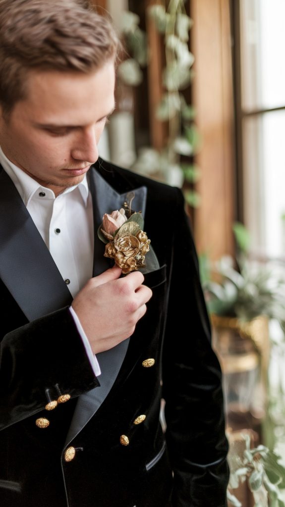 A groom in a black velvet tuxedo with gold buttons adjusts his floral boutonniere, which features blush roses and gold accents.