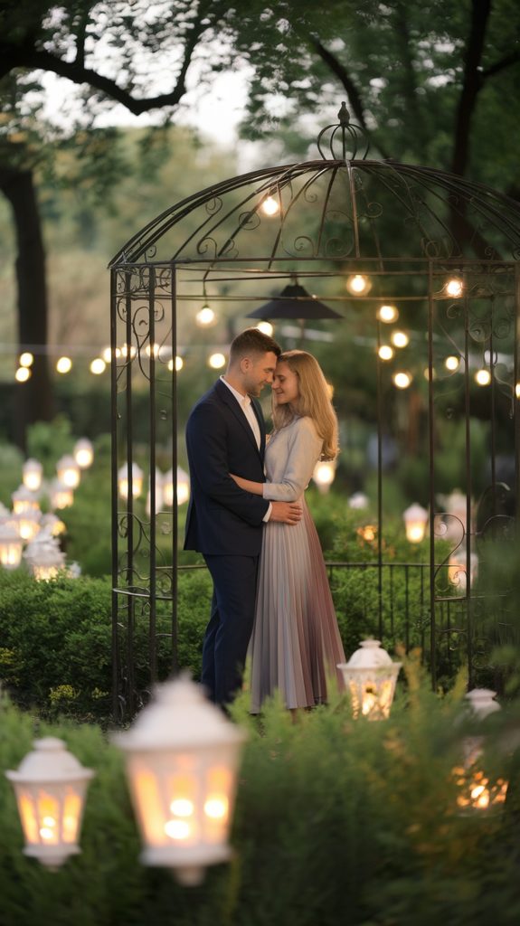 A couple embraces under a softly lit wrought-iron gazebo, surrounded by glowing lanterns and lush greenery.