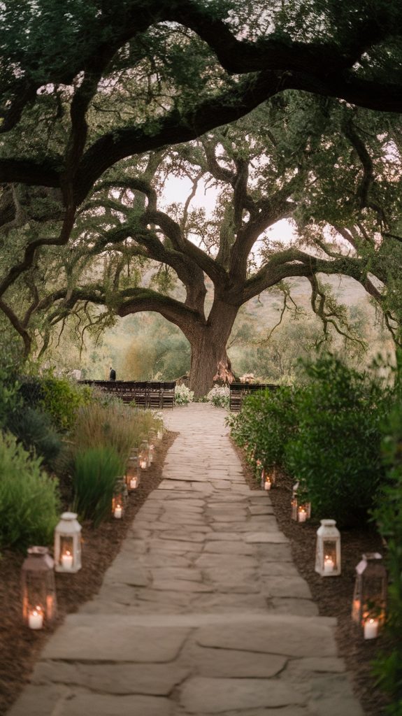 A stone pathway lined with lanterns leads to a ceremony space beneath a sprawling ancient oak tree.