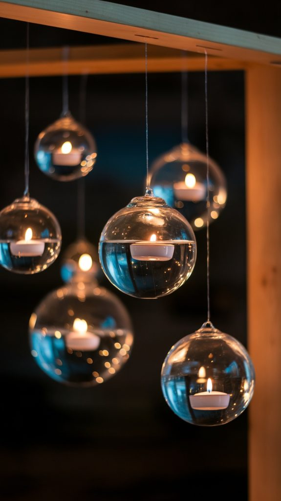 Floating glass orbs with tea candles hang from a wooden frame, casting a warm glow.
