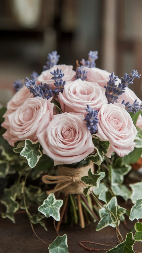 A bouquet of soft pink roses, lavender sprigs, and ivy tied with twine rests on a rustic wooden table.