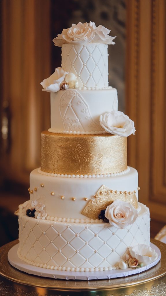 A five-tiered wedding cake adorned with gold leaf details, sugar pearls, and delicate sugar roses.