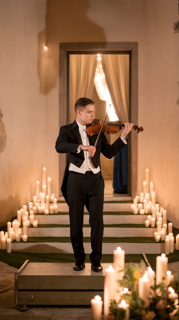 A violinist in a tuxedo performs on a candlelit stage, surrounded by soft candlelight.