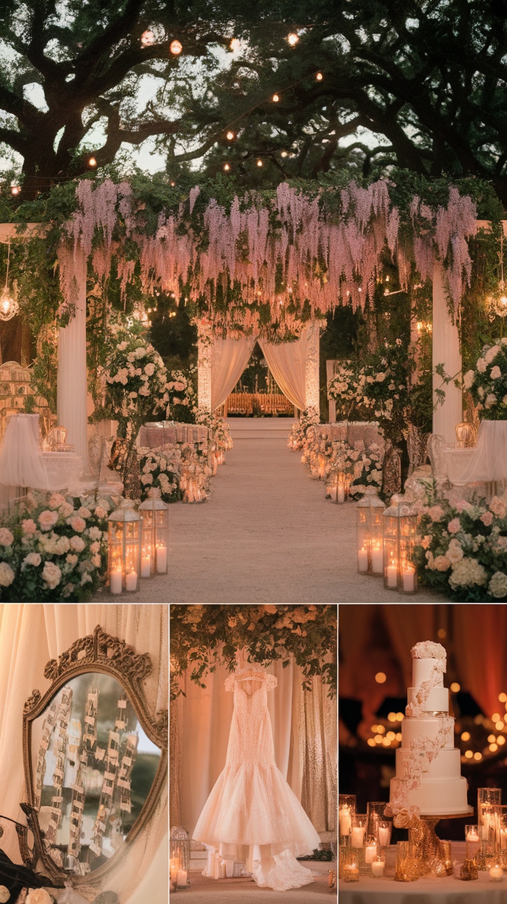 A wedding mood board featuring a floral-adorned ceremony aisle, a vintage mirror seating chart, a lace bridal gown on display, and an elegant five-tier wedding cake with floral details and candlelight.